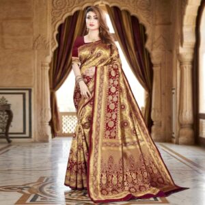Jacquard Saree With Blouse For Women (Golden& Dark Red, 6.3M)