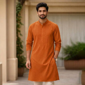 Cotton Embroidered Kurta for Men (Orange)