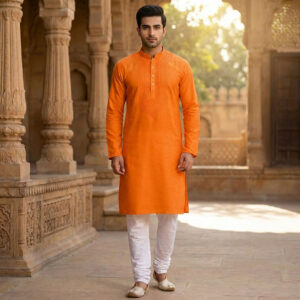 Men’s Orange Cotton Kurta Pyjama Set