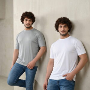 Round Neck Solid T-Shirt for Men (White & Grey, S) (Pack of 2)