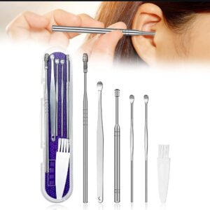 6 Pcs Ear Wax Removal Kit,Professional Double-Headed Ear Pick Earwax Removal Tools,316L Stainless Steel Ear Cleaner Curette with Cleaning Brush and Storage Box,Suit for Kid & Adult (Silver, Pack Of 1