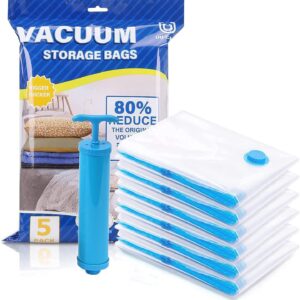 Reusable Ziplock Vacuum Storage Space Saver Plastic Bags for Clothes with Travel Hand Pump - Pack of 5 (2S (60Cmx80Cm), 2M (50Cmx70Cm), 1L(80Cmx100Cm)) - White