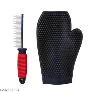 Stainless Steel Comb with Grooming Gloves for Pet (Multicolor, Set of 2)