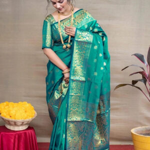 Banarasi Silk Woven Design Saree for Women (Teal, 6.3 m)