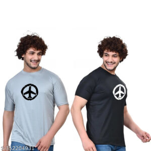 Stylish Cotton Blend Printed Round Neck T‑Shirts for Men – Black & Grey (Pack of 2)