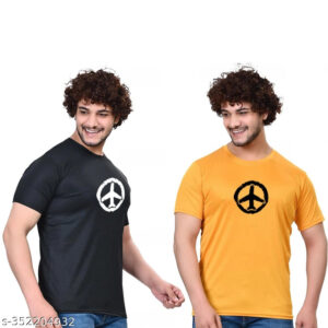 Black & Yellow Cotton Blend Printed T-Shirts for Men – Pack of 2