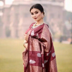 Art Silk Saree With Blouse For Women (Dark Red, 6.3M)