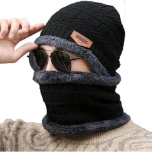 Winter Cap for Man & Women, Beanie Cap & Muffler, Windproof Winter Woolen Cap with Ear Protection, Head & Neck Warmer, Woolen Topaa, Soft & Comfortable, (PCS-1).