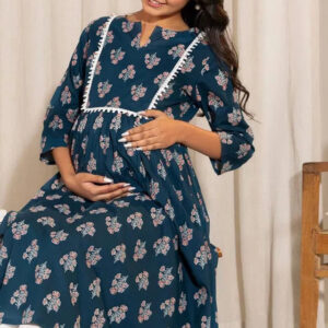 Floral Printed Notch Neck A-Line Maternity Kurta (Teal)