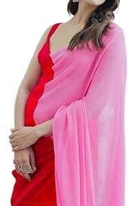 Georgette Colourblocked Saree for Women (Red & Pink, 6.3 m)